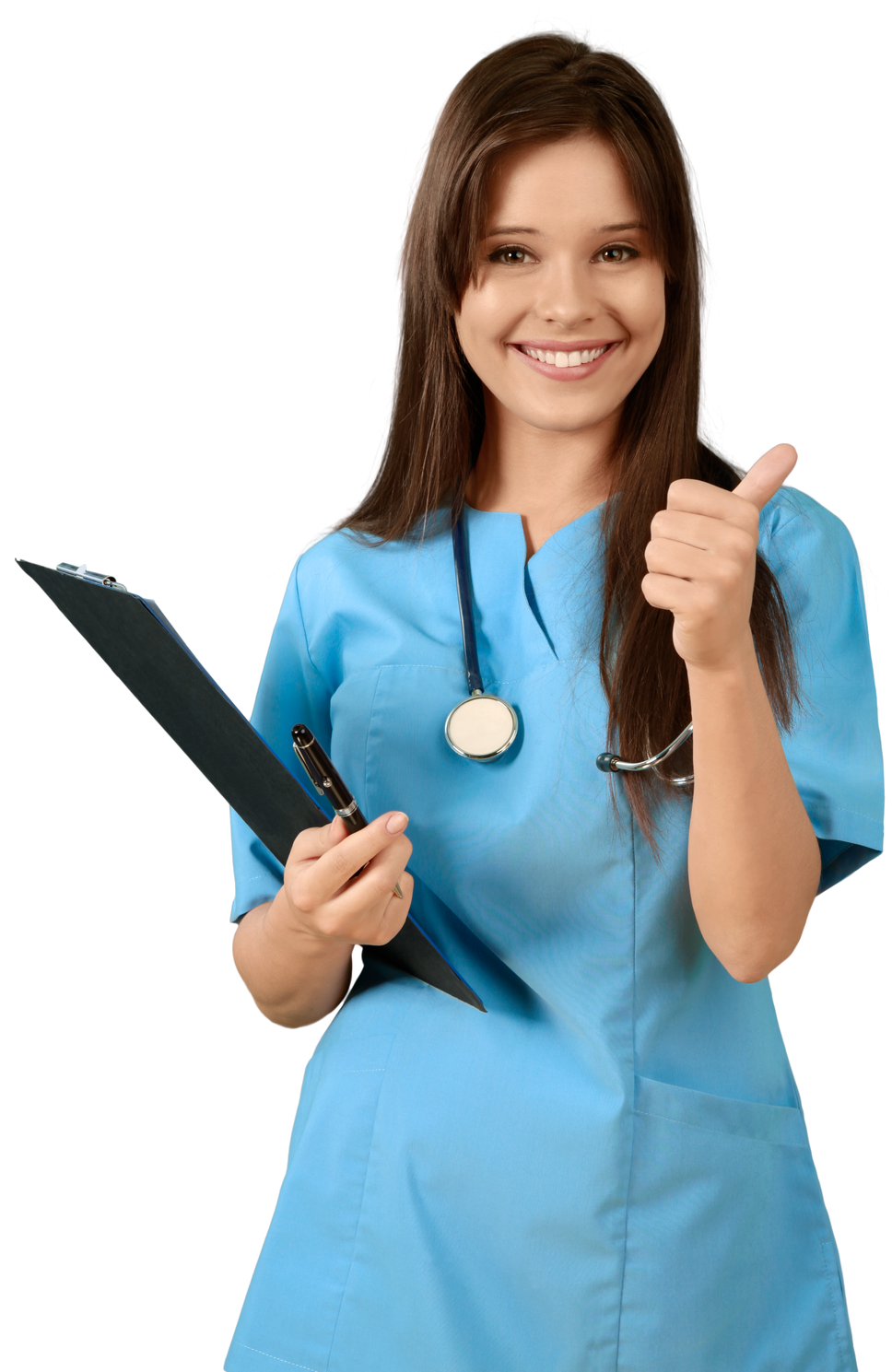 Young Nurse with Thumb up Holding Clipboard - Isolated